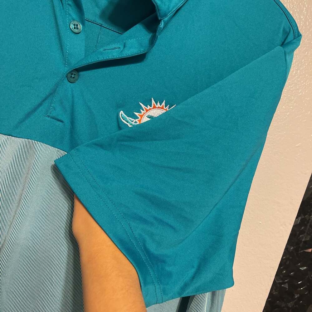 Antigua Miami Dolphins Polo Shirt Men's Large Aqua Teal Striped NFL Football - Picture 6 of 10
